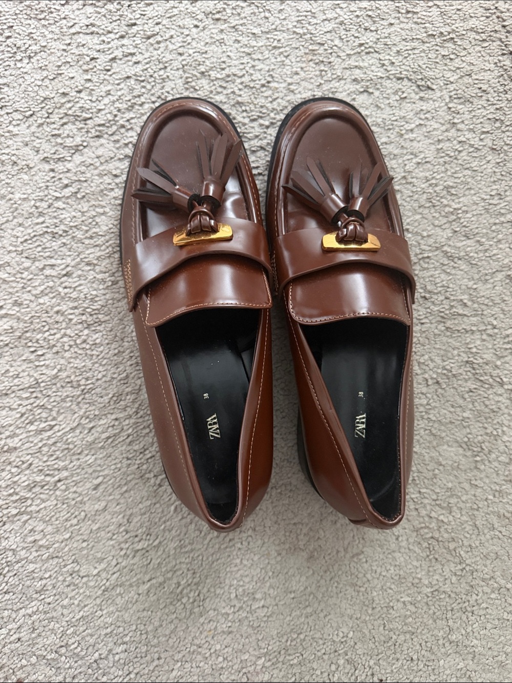 Zara Brown Leather Tassel Loafers with Gold Accent
